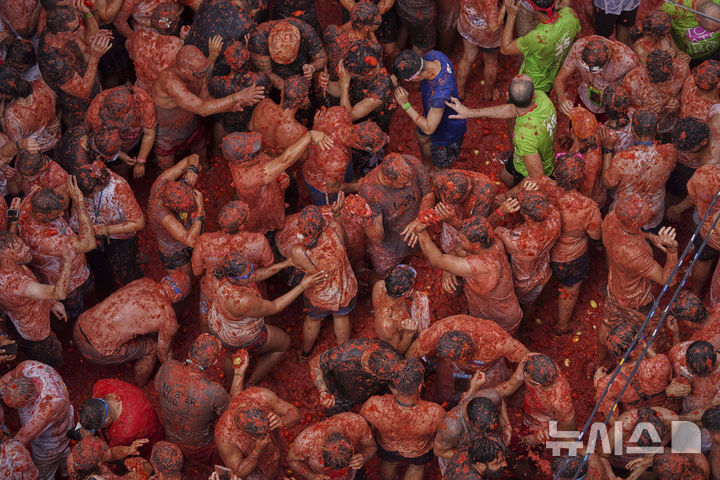 [부뇰=AP/뉴시스] 지난 27일(현지 시간) 스페인 발렌시아 인근 부뇰 마을에서 열린 연례 '라 토마티나' 축제 참가자들이 토마토 범벅이 된 채 축제를 즐기고 있다. 이 축제는 매년 8월 마지막 수요일에 열리며 1945년경, 마을 축제 도중 우연히 시작된 토마토 던지기에서 유래한 것으로 알려져 있다. 2025.08.29.