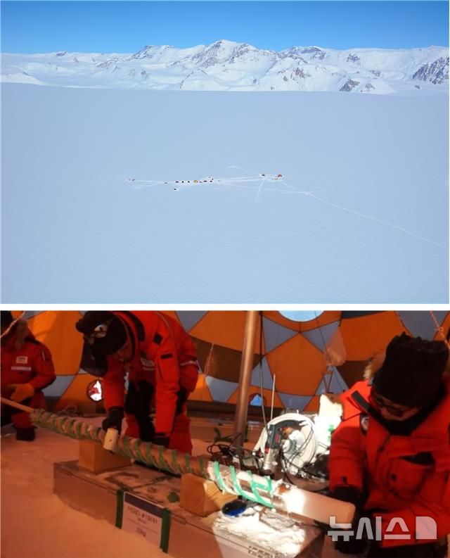 [서울=뉴시스] 남극 스틱스 빙하 시추 지역 및 빙하코어 회수 활동.