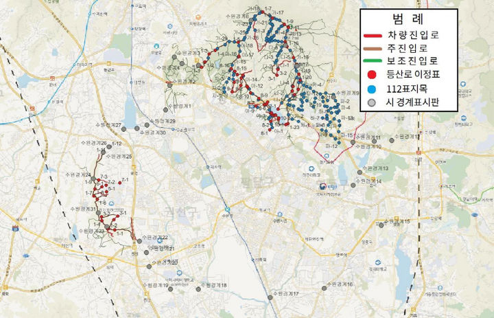 [수원=뉴시스] 광교산·칠보산의 안내시설물 위치정보를 담은 전자지도. (사진=수원시 제공) 2025.08.27. photo@newsis.com *재판매 및 DB 금지