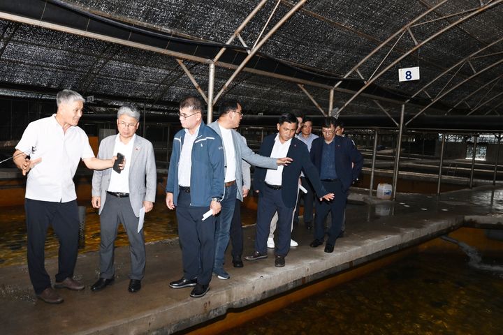 [제주=뉴시스] 제주도의회 방문단이 27일 오후 제주시 한림읍 소재 양식장을 찾아 고수온 피해를 점검하고 있다. (사진=제주도의회 제공) 2025.08.27. photo@newsis.com *재판매 및 DB 금지