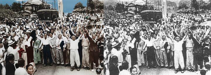 [서울=뉴시스] 구글은 26일(현지 시간) 자사 블로그에 AI 이미지 생성·편집 모델 새 버전 '제미나이 2.5 플래시 이미지'를 공개했다. 1945년 광복절 당시 시민들이 기뻐하는 모습을 담은 사진을 제미나이 앱에 '컬러화 및 화질 업스케일링해 달라'는 프롬프트로 입력해 제작했다. 2025.08.27. (사진=구글 제미나이 앱 제작) *재판매 및 DB 금지