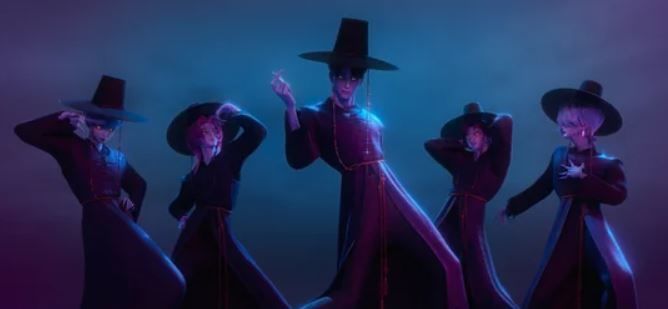 [뉴시스] 넷플릭스 영화 <캐릭터 데몬 헌터스>에서 악마 왕 귀마는 팬들의 영혼을 빼앗기 위해 남성 아이돌 그룹 사자보이즈를 결성했다. (사진=넷플릭스 케릭터 데몬 헌터스 캡처) *재판매 및 DB 금지