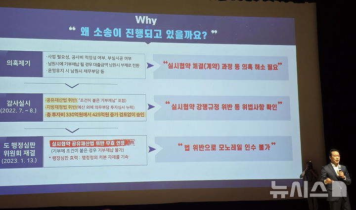 [남원=뉴시스] 27일 남원 춘향문화예술회관에서 열린 남원시의 '열린소통 시민보고회', 최경식 남원시장(오른쪽 끝)이 남원시와 남원테마파크 간 소송의 원인이 된 실시협약 내용을 설명하고 있다. *재판매 및 DB 금지