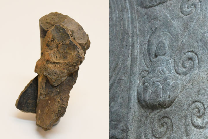 [서울=뉴시스] 부여군 부여읍 쌍북리 일대의 유구분포조사 지역 3-1구역 북쪽에서 발견된 광배에 붙어있는 화불 소조상(왼쪽)과 익산 연동리 석조여래좌상 광배와 화불 참고사진 (사진=국가유산청 제공) 2025.08.28. photo@newsis.com *재판매 및 DB 금지