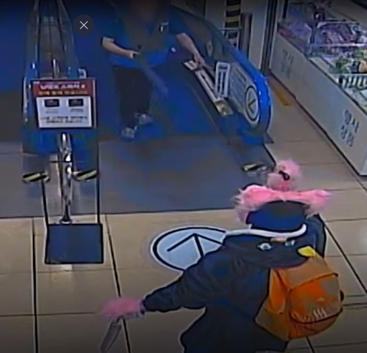 [뉴시스]경남 거제시의 한 대형마트에서 분홍색 고양이 인형탈을 쓴 20대 여성이 흉기를 들고 활보하다 경찰에 붙잡혔다. (사진캡쳐=대한민국 경찰청 유튜브)2025.08.28 *재판매 및 DB 금지