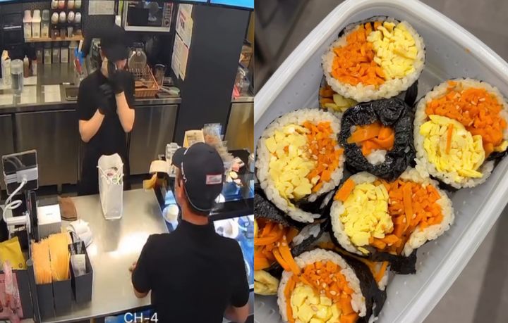 [서울=뉴시스] 눈물을 흘리는 카페 사장과 단골 여학생 아버지가 전한 김밥. (사진=인스타그램 @lovelyyuraa) *재판매 및 DB 금지