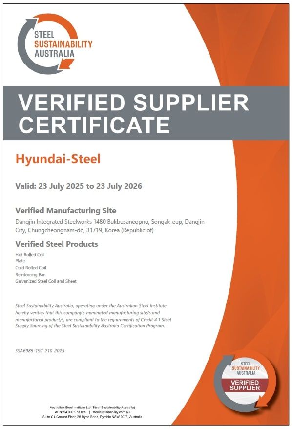 [서울=뉴시스] 현대제철의 호주 철강지속가능성 인증서. (사진=현대제철 제공) 2025.8.28. photo@newsis.com *재판매 및 DB 금지