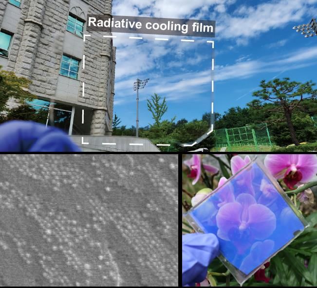[서울=뉴시스] 연구 논문 이미지. 야외에서 투명 복사냉각 필름 적용 예시(위), 규칙적으로 자가조립된 실리카 입자의 오팔 격자 구조(왼쪽 아래), 색이 존재하는 투명 복사냉각 필름. (사진=고려대 제공) 2025.08.29. photo@newsis.com&nbsp;&nbsp;&nbsp; *재판매 및 DB 금지