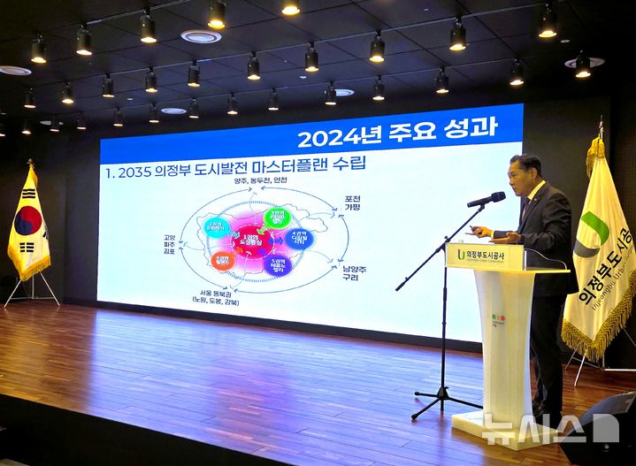 [의정부=뉴시스] 김용석 의정부도시공사 사장이 지난 3월6일 열린 도시공사 출범 1주년 기념식에서 주요 성과와 도시발전 마스터플랜 등을 발표하고 있다.(사진=의정부도시공사 제공) 2025.09.01 photo@newsis.com