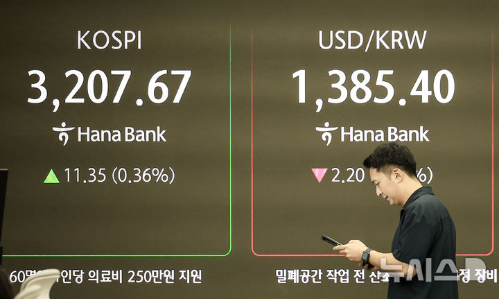 [서울=뉴시스] 정병혁 기자 = 29일 서울 중구 하나은행 딜링룸에서 직원들이 업무를 보고 있다. 이날 코스피는 전 거래일(3196.32)보다 12.48포인트(0.39%) 오른 3208.80에, 코스닥 지수는 전 거래일(798.43)보다 3.53포인트(0.44%) 상승한 801.96에 거래를 시작했다. 서울 외환시장에서 원·달러 환율은 전 거래일 주간거래 종가(1387.6원)보다 2.6원 내린 1385.0원에 출발했다. 2025.08.29. jhope@newsis.com