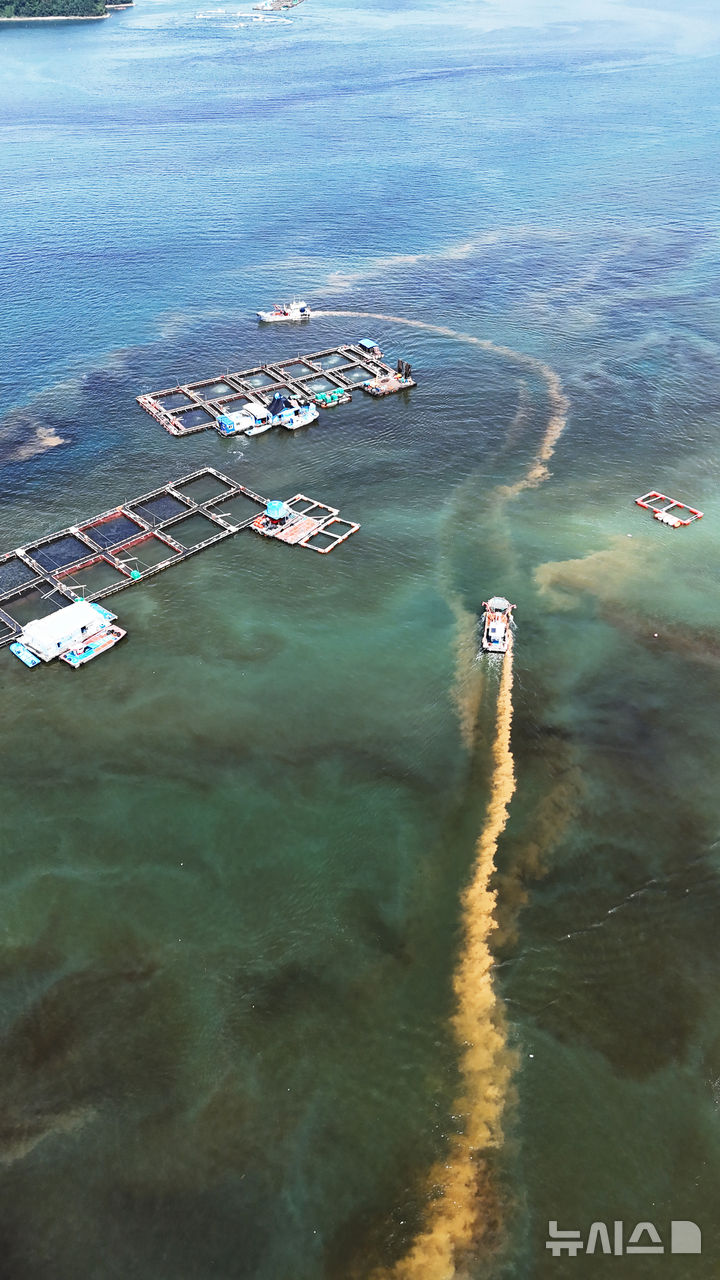 [남해=뉴시스] 차용현 기자 = 29일 경남 남해군 고현면 차면마을 인근 해안에 적조가 밀려와 어선들이 방제 작업을 펼치고 있다. 2025.08.29. con@newsis.com