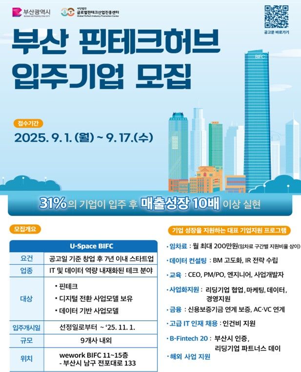 [부산=뉴시스] 부산 핀테크 허브 입주기업 모집 (그림=부산시 제공) 2025.08.31. photo@newsis.com *재판매 및 DB 금지