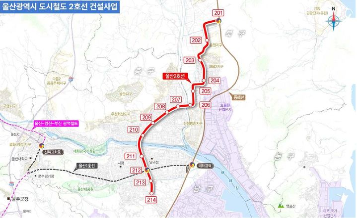 [울산=뉴시스] 울산시는 지난달 28일 국토교통부 ‘2025년 제4차 투자심사위원회’에서 도시철도 2호선 예비타당성 조사 대상사업이 투자심사를 통과했다고 1일 밝혔다. 도시철도 2호선 노선도. (사진= 울산시 제공) 2025.08.31.photo@newsis.com *재판매 및 DB 금지