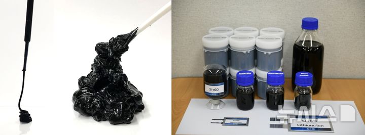 [창원=뉴시스]'수(水)계 분산 기술(왼쪽)'을 기반으로 제조된 '리튬이온전지용 실리콘그래핀 복합 음극재.(자료=한국전기연구원 제공) 2025.09.01. photo@newsis.com