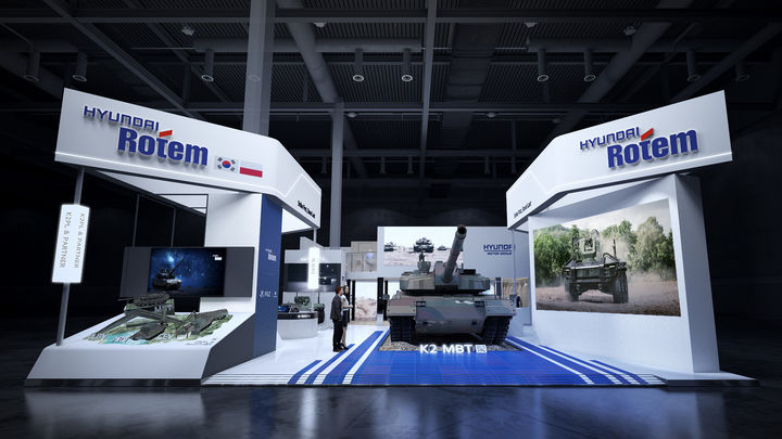 [서울=뉴시스] 2일(현지시간)부터 5일까지 폴란드 키엘체(Kielce)에서 열리는 ‘제33회 폴란드 국제방산전시회(MSPO)’현대로템 전시관 전경. (사진=현대로템 제공) 2025.9.1. photo@newsis.com *재판매 및 DB 금지