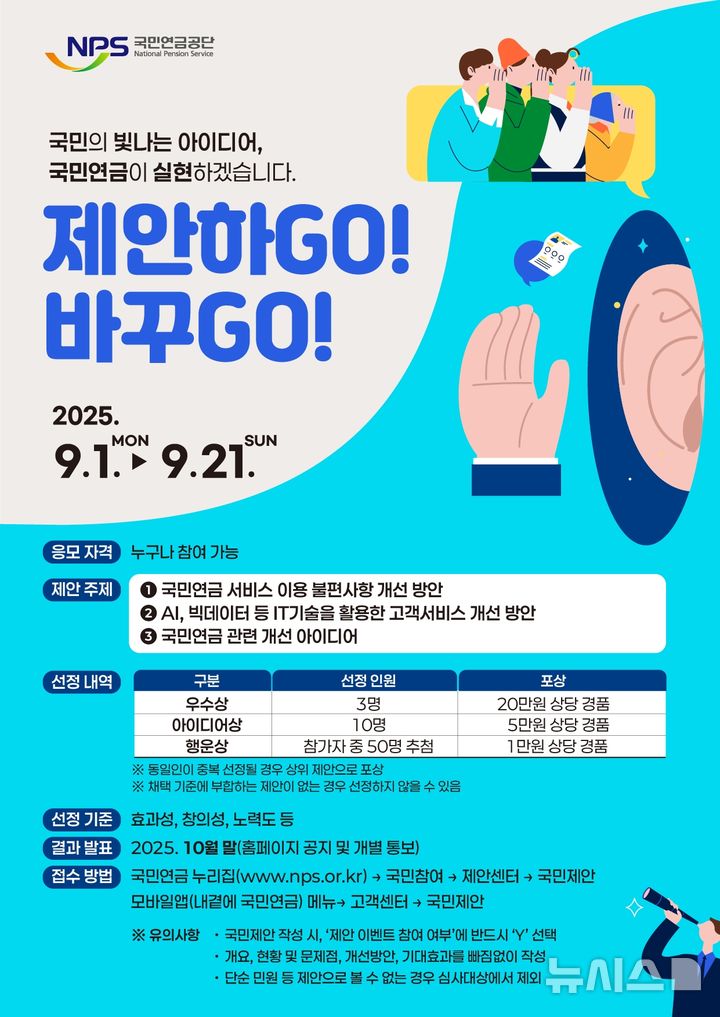 [전주=뉴시스]윤난슬 기자 = 국민연금공단은 국민과 함께 더 나은 연금 서비스를 만들기 위해 오는 21일까지 '제안하GO! 바꾸GO!' 국민제안 공모전을 진행한다고 1일 밝혔다. (사진=국민연금공단 제공) photo@newsis.com 