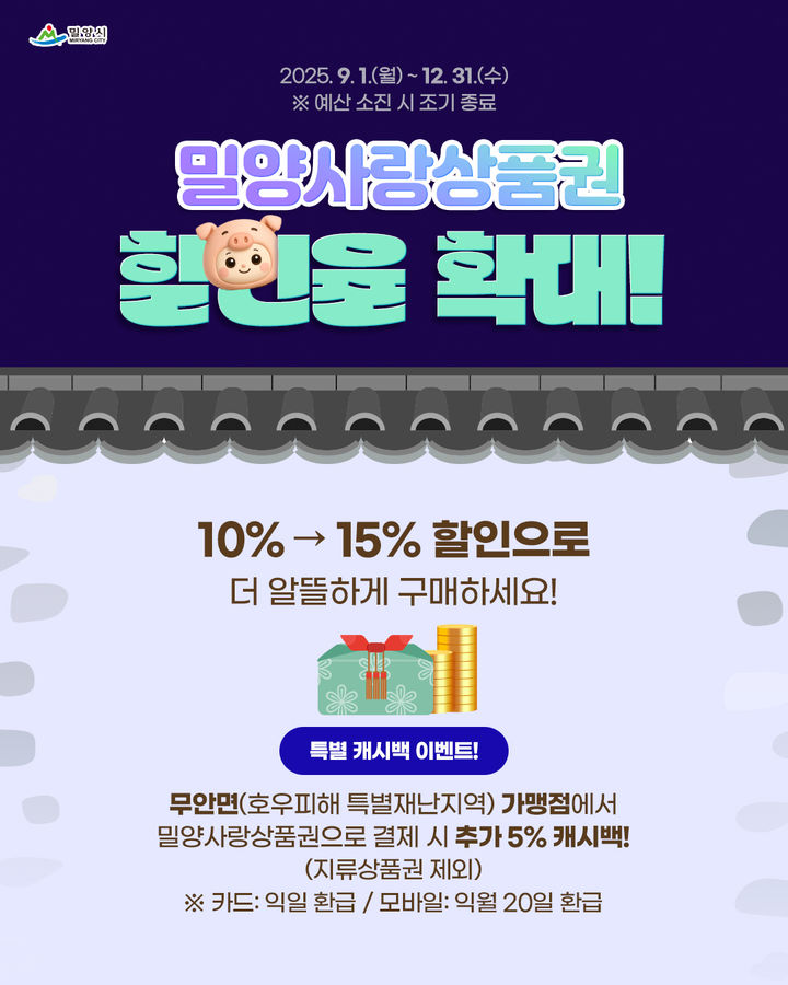[밀양=뉴시스] 밀양사랑상품권 할인율 확대 안내문. (사진=밀양시 제공) 2025.09.01. photo@newsis.com *재판매 및 DB 금지