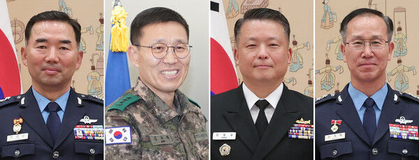 [서울=뉴시스] 왼쪽부터 진영승 합참의장 내정자, 김규하 육군참모총장 내정자, 강동길 해군참모총장 내정자, 손석락 공군참모총장 내정자. (사진=국방부 제공) 2025.09.01. photo@newsis.com *재판매 및 DB 금지