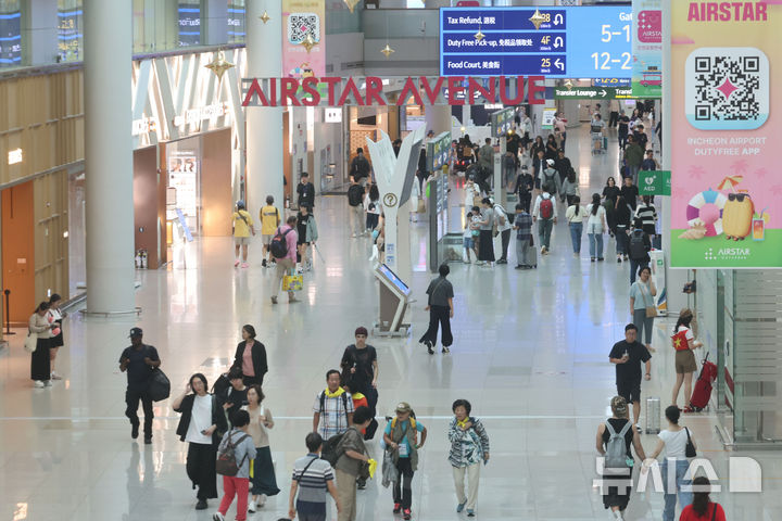 [인천공항=뉴시스] 권창회 기자 = K 콘텐츠가 인기를 끌면서 한국을 찾는 관광객이 큰 폭으로 늘고 있으나 면세점 업황은 회복 기미를 보이지 않고 있다. 지난 7월 한국을 찾은 외국인 관광객은 작년 동기보다 23.1% 늘었고 면세점에서 물품을 구매한 외국인 수도 관광객 수 증가폭과 비슷하게 25.1% 늘었으나 구매액은 오히려 14.2% 감소했다. 사진은 1일 인천국제공항 1터미널 면세구역 모습. 2025.09.01. kch0523@newsis.com