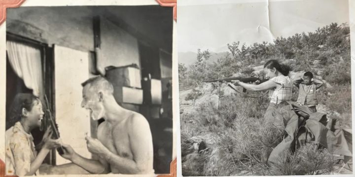 [뉴시스] 면도 크림을 바른 남편과 그의 앞에서 거울을 들어주는 아내의 모습(왼쪽)과 총을 들고 자세를 취하고 있는 아내의 모습(오른쪽). 2025.09.02. (사진=글로벌 온라인 커뮤니티 '레딧' 캡처). *재판매 및 DB 금지