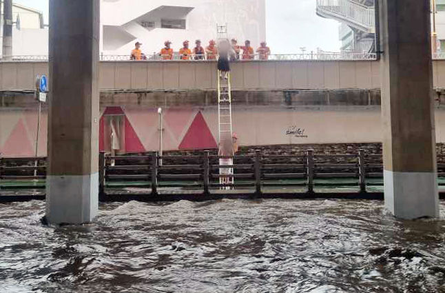 [부산=뉴시스] 부산 금정구 온천천 산책로에 고립된 여성 2명이 사다리로 구조되고 있다. (사진=부산소방재난본부 제공) 2025.09.02. photo@newsis.com&nbsp;&nbsp; *재판매 및 DB 금지
