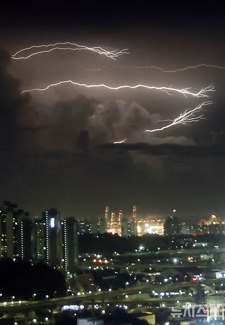 [부산=뉴시스] 하경민 기자 = 1일 밤 부산 부산진구 범천동에서 바라본 남쪽 하늘에 번개가 치고 있다. 2025.09.02. yulnetphoto@newsis.com