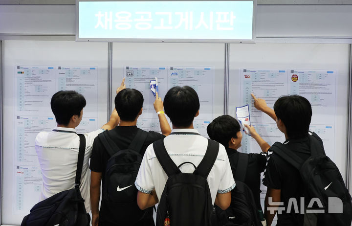 [고양=뉴시스] 전진환 기자 = 지난해 9월 2일 오전 경기도 고양시 킨텍스에서 열린 2025 경기도교육청 직업계고 취창업박람회를 찾은 학생들이 체용공고게시판을 살피고 있다. 2025.09.02. amin2@newsis.com **기사 내용과 관련 없습니다**