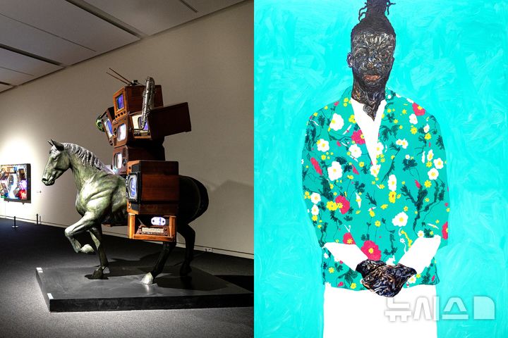 힐튼경주 우양미술관 특별전시회, 백남준(왼쪽)의 ‘Humanity in the Circuits’와 가나 출신 아모아코 보아포(Amoako Boafo)의 아시아 첫 개인전 ‘I Have Been Here Before’.