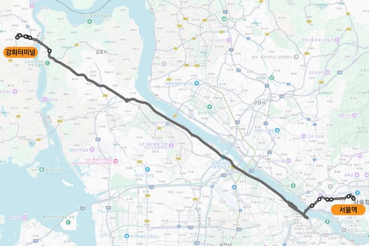 [인천=뉴시스] 강화~서울역 직행 M버스 신설 노선 예상도. (사진=강화군 제공) 2025.09.03. photo@newsis.com *재판매 및 DB 금지