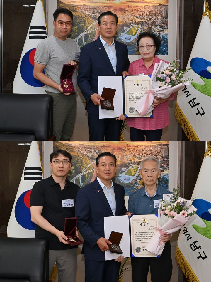 [대구=뉴시스] 대구 남구는 6·25 전쟁에 참전해 공을 세운 고(故) 박경득 일병의 유가족(위)과 고(故) 김만순 이병의 유가족(아래)에게 화랑무공훈장과 증서를 전수했다. (사진=대구 남구 제공) 2025.09.03. photo@newsis.com *재판매 및 DB 금지