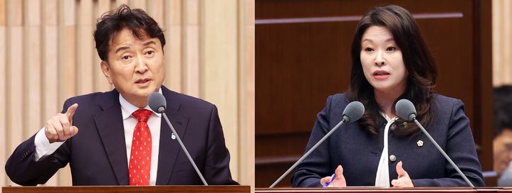 3일 충북도의회 제428회 임시회 제1차 본회의 대집행질문에서 김영환(왼쪽) 충북지사와 박진희 도의원이 설전을 펼치고 있다. (사진=충북도의회 제공) *재판매 및 DB 금지