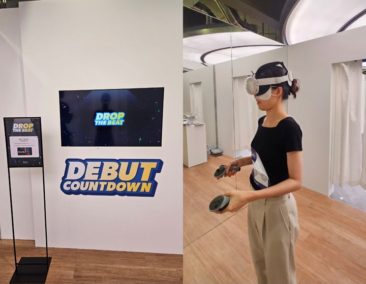 [서울=뉴시스] 박은비 기자 = SK텔레콤이 Z세대를 위한 문화 공간으로 오픈한 'T팩토리 성수'에서 체험할 수 있는 VR기기 모습. 연습생 데뷔를 위한 댄스 미션을 수행하러 가면 광선검이 양손에 주어진다. 2025.09.03. silverline@newsis.com *재판매 및 DB 금지