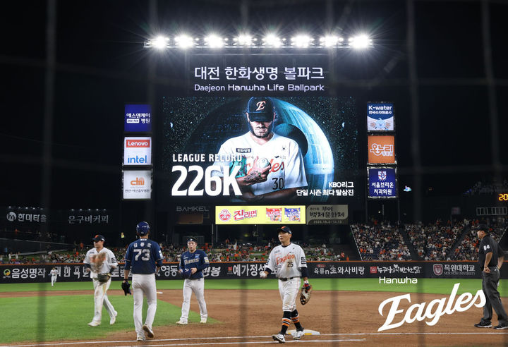 [서울=뉴시스] 홍효식 기자 = 3일 대전 중구 대전한화생명볼파크에서 열린 2025 KBO 리그 NC 다이노스와 한화 이글스의 경기, 5회초 한화 선발 투수 폰세가 올 시즌 226번째 탈삼진을 달성하자 전광판에 기록이 표시되고 있다. (사진=한화 이글스 제공) 2025.09.03. photo@newsis.com *재판매 및 DB 금지