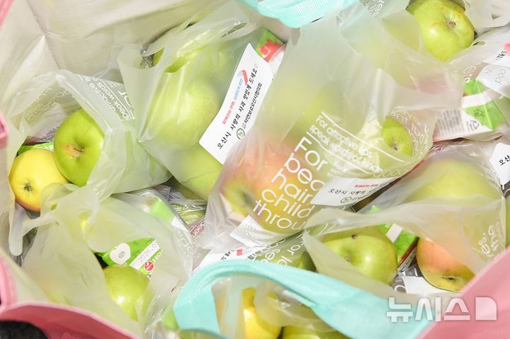 [오산=뉴시스] 오산시가 감사나무 심기를 통해 첫 수확한 사과 (사진=오산시 제공) 2025.09.04.photo@newsis.com&nbsp; 