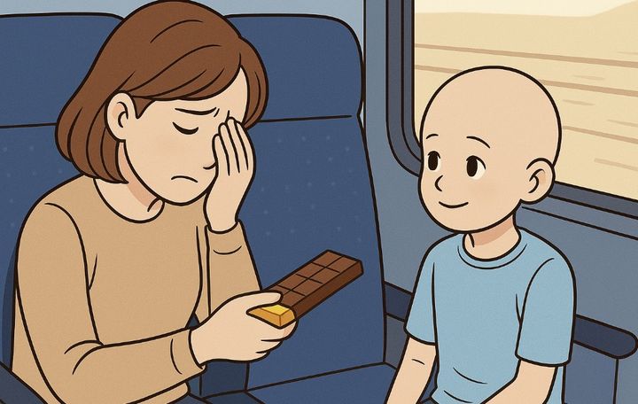 [서울=뉴시스] 기차에서 항암 치료 중인 아이를 마주친 한 여성이 아이의 어머니에게 따뜻한 위로를 건네며 감동을 준 사연이 전해졌다. (사진=AI 생성 이미지) 2025.09.04 *재판매 및 DB 금지