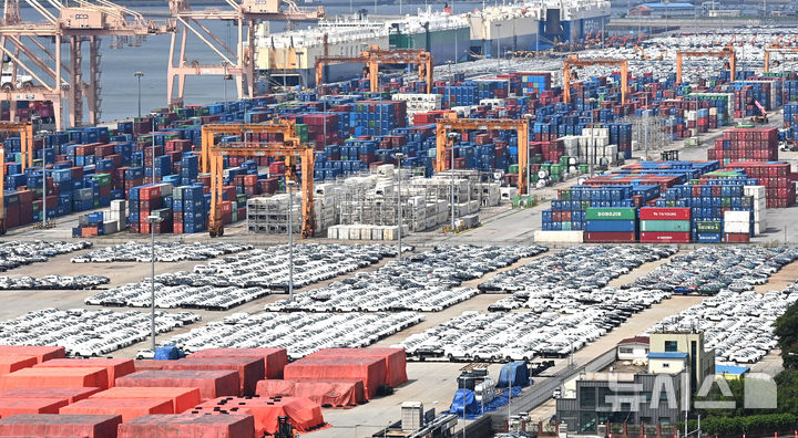 [평택=뉴시스] 김종택 기자 = 지난 4일 경기 평택시 포승읍 평택항에 수출입 컨테이가 쌓여있는 모습. 2025.09.04. jtk@newsis.com