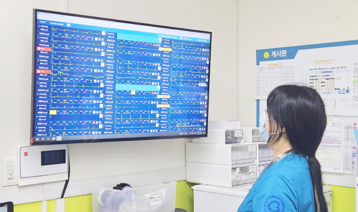 [서울=뉴시스] 인천백병원 간호·간병 통합서비스 병동에서 간호사가 씽크(thynC) 시스템을 통해 환자 상태를 실시간으로 모니터링하고 있다. (사진=대웅제약 제공) 2025.09.05. photo@newsis.com *재판매 및 DB 금지