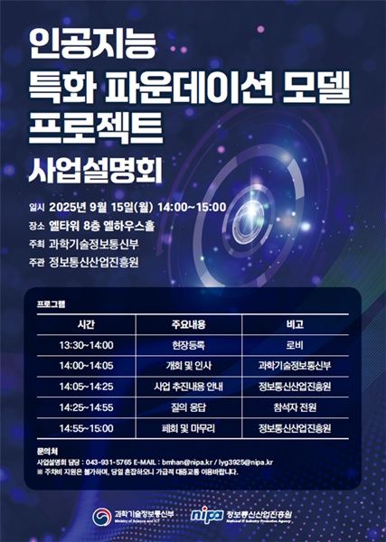 [서울=뉴시스] 과학기술정보통신부, 정보통신산업진흥원(NIPA)이 ‘인공지능 특화 파운데이션 모델 프로젝트’ 참여팀 공모에 착수했다. (사진=과기정통부 제공) *재판매 및 DB 금지