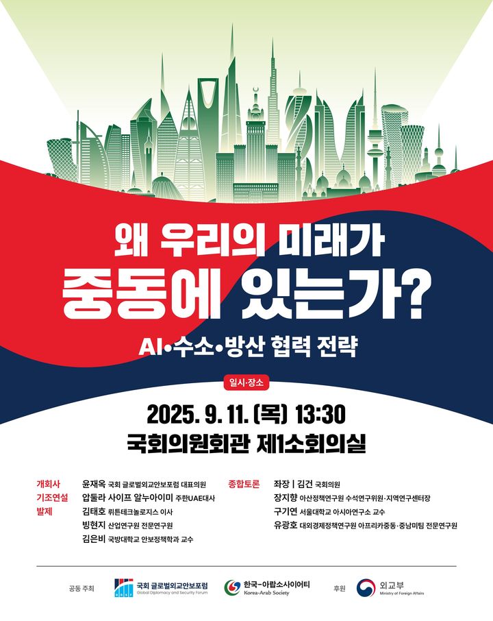 [서울=뉴시스] 국회 글로벌외교안보포럼(대표의원 윤재옥, 연구책임의원 김건)과 한국-아랍소사이어티가 오는 11일 '왜 우리의 미래가 중동에 있는가' 세미나를 공동 개최한다. (사진 = 김건 국민의힘 의원실 제공). 2025.09.05 photo@newsis.com *재판매 및 DB 금지