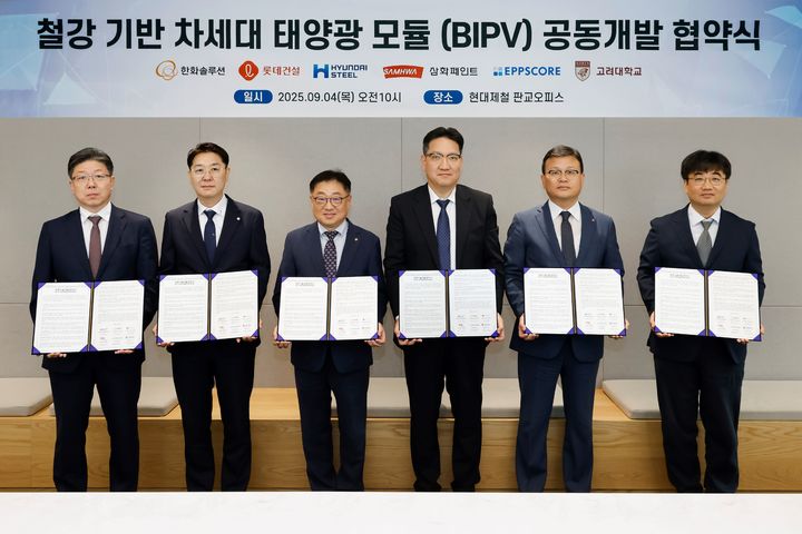 [서울=뉴시스]왼쪽부터 김정배 삼화페인트 CBO, 박승철 엡스코어 대표, 유재열 한화솔루션 한국사업본부장, 임희중 현대제철 제품개발센터장, 석원균 롯데건설 기술연구원장, 황성호 고려대 연구교수.(사진=삼화페인트 제공) 2025.09.05. photo@newsis.com *재판매 및 DB 금지
