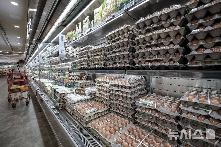 [서울=뉴시스] 정병혁 기자 = 5일 서울시내 한 대형마트에서 소비자들이 계란을 살펴보고 있다.&nbsp; 추석 성수기를 앞두고 고공행진 중인 계란 가격이 더 오를 것이라는 전망이 나왔다. 한국농촌경제연구원(KREI) 농업관측센터가 발간한 농업관측 산란계 9월호에 따르면 이달 계란 산지가격은 특란 10구 기준 1900~1950원으로 전망됐다. 1년 전(1686원)보다 최대 15.7% 오르는 수치다. 2025.09.05. jhope@newsis.com