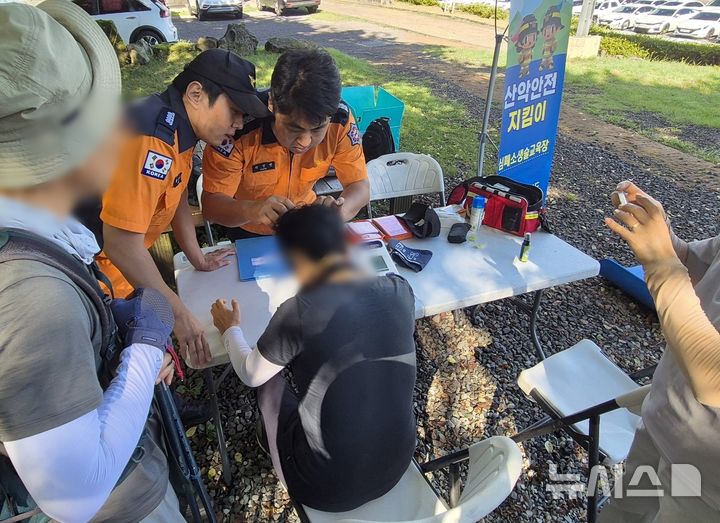 [제주=뉴시스] 6일 오전 제주 한라산 관음사탐방로에서 한라산국립공원관리소와 소방당국이 벌에 쏘인 탐방객을 상대로 안전조치를 하고 있다. (사진=한라산국립공원관리소 제공) 2025.09.05. photo@newsis.com 
