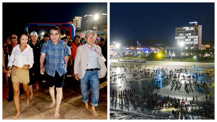 [보령=뉴시스] '2025 보령해변 맨발걷기 축제'에 참여한 김동일(왼쪽 사진 가운데) 보령시장과 축제장 전경. (사진=보령시청 제공) 2025.09.08. photo@newsis.com *재판매 및 DB 금지