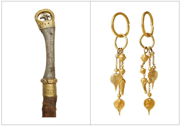 [진주=뉴시스]합천 옥전 M3호분 출토 고리자루 큰 칼, 합천 옥전 28호분 출토 금귀걸이.(사진=경상국립대박물관 제공).2025.09.08.photo@newsis.com *재판매 및 DB 금지