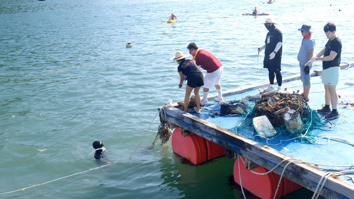 [통영=뉴시스] 신정철 기자= 경남 통영시는 지난 6일, 경남도와 통영시 지속가능발전협의회 공동 주관으로 사량도에서 대한민국 최대 규모의 수중정화활동 '바다 약속, 사량'을 성황리에 개최했다.사진은 진촌앞바다 2개 구역에서 수중정화활동을 펼치는 모습.(사진=통영시 제공).2025.09.08. photo@newsis.com *재판매 및 DB 금지