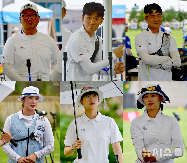 [광주=뉴시스] 류형근 기자 = 광주2025현대세계양궁대회 개막 나흘째인 8일 오후 광주 남구 광주국제양궁장에서 리커브 남자 대표팀 김우진(청주시청)·김제덕(예천군청)·이우석(코오롱)과 여자 대표팀 강채영(현대모비스)·안산(광주은행)·임시현(한국체대)이 출전한다. 2025.09.08. hgryu77@newsis.com