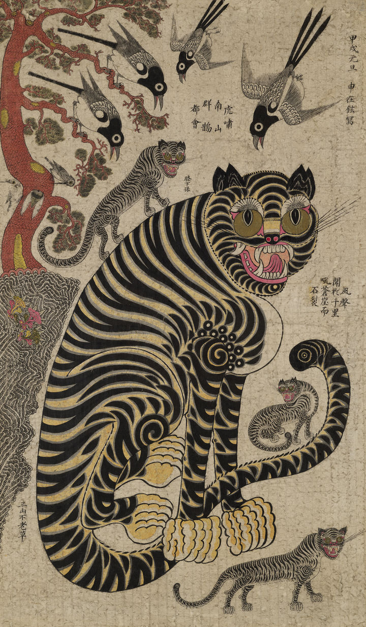 호작도 虎鵲圖 신재현(申在鉉), 조선, 1874년 추정 종이 채색, 116.5×83.0cm 개인소장 *재판매 및 DB 금지