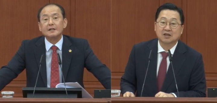 [대전=뉴시스] 조명휘 기자 = (왼쪽부터) 박종선(무소속·유성구1) 대전시의원이 9일 제290회 임시회 제2차 본회의 시정질의에 나서 주요 현안사업에 대해 질의하고 이장우 대전시장이 답변하고 있다. 2025.09.09. photo@newsis.com *재판매 및 DB 금지