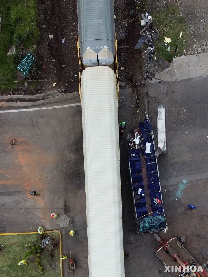 [아틀라코물코=신화/뉴시스] 8일(현지 시간) 멕시코 멕시코주 아틀라코물코에서 드론으로 본 열차와 버스 충돌 사고 현장 모습. 현지 당국은 이날 새벽 화물열차가 기찻길을 건너던 이층 버스를 들이받아 최소 10명이 숨지고 40여 명이 다쳤다고 밝혔다. 2025.09.09.