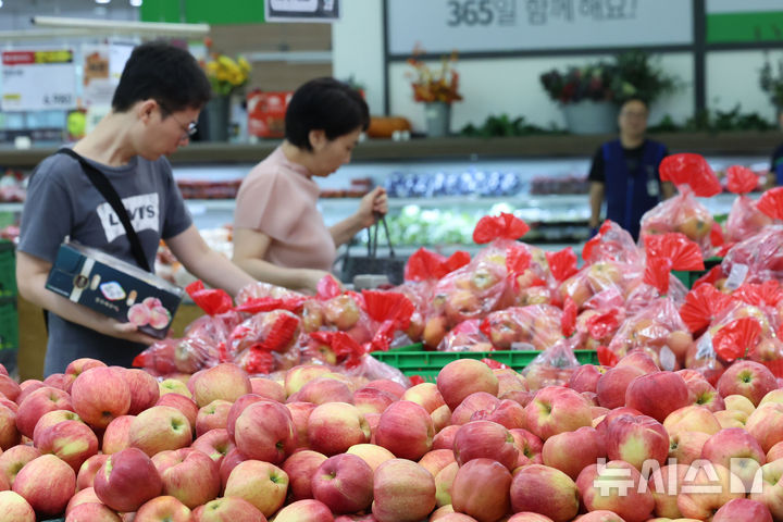 [서울=뉴시스] 권창회 기자 = 9일 서울 시내 대형마트에서 고객들이 과일을 살펴보고 있다.. 2025.09.09. kch0523@newsis.com
